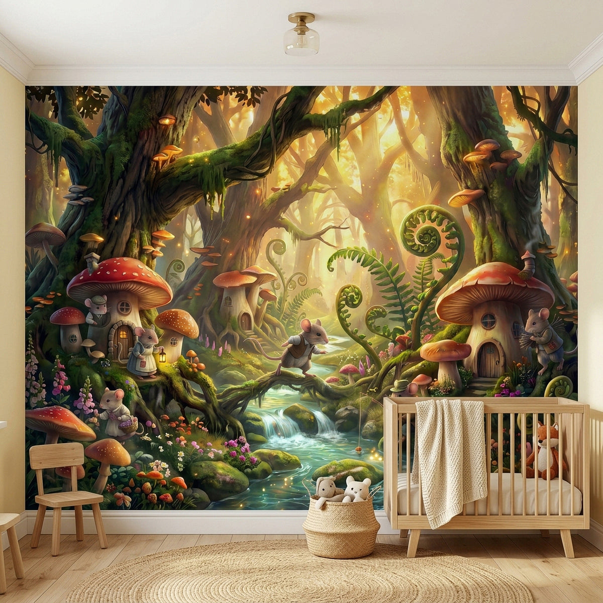 Woodland wall mural with mushroom houses, mice figures, ferns, and a forest stream
