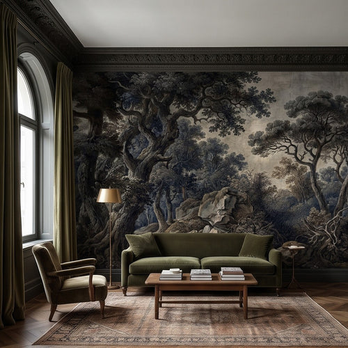 Botanical forest wall mural with gnarled trees and rocky terrain, vintage engraving style