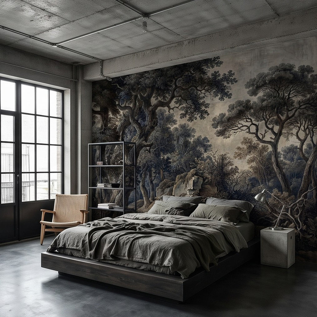 Antique-style woodland wall mural with gnarled trees and rocky forest scene