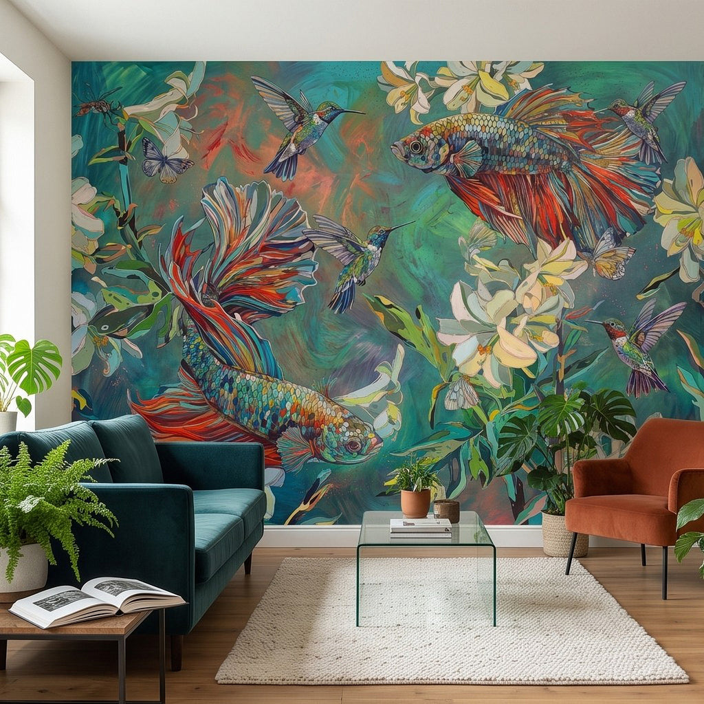 Tropical wall mural with fish, butterflies, and flowers on turquoise wall in living room