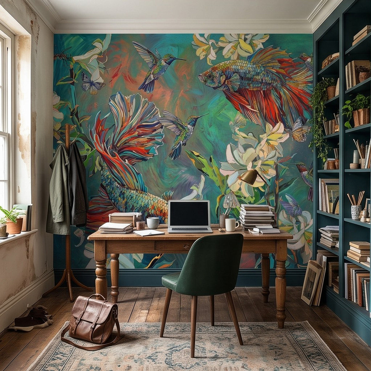 Botanical fish and hummingbird wall mural in turquoise behind desk in home office