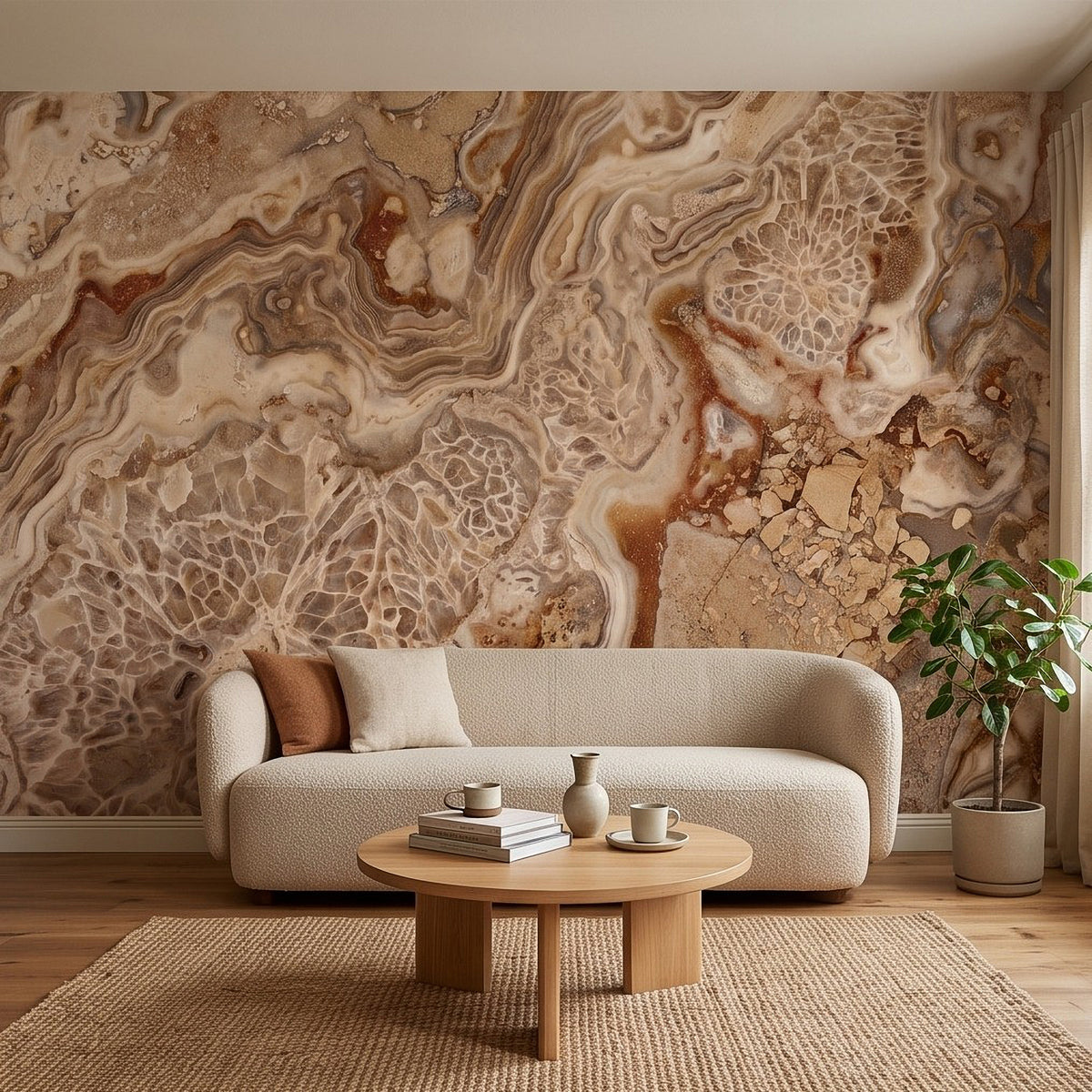 Cream and beige agate marble wall mural featuring swirling lines and rocky mineral patches