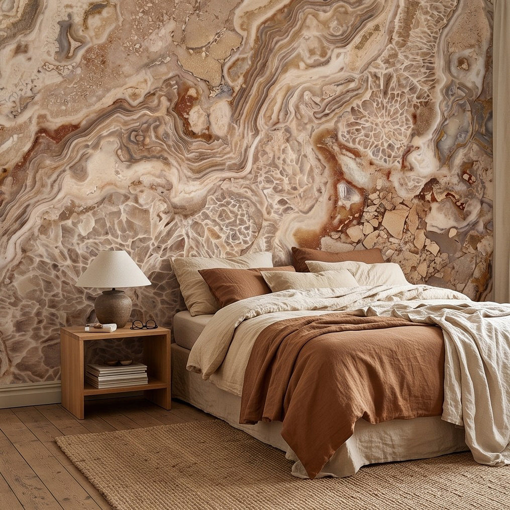 Cream, beige, and brown marble texture wall mural with lace-like veining and stone fragments
