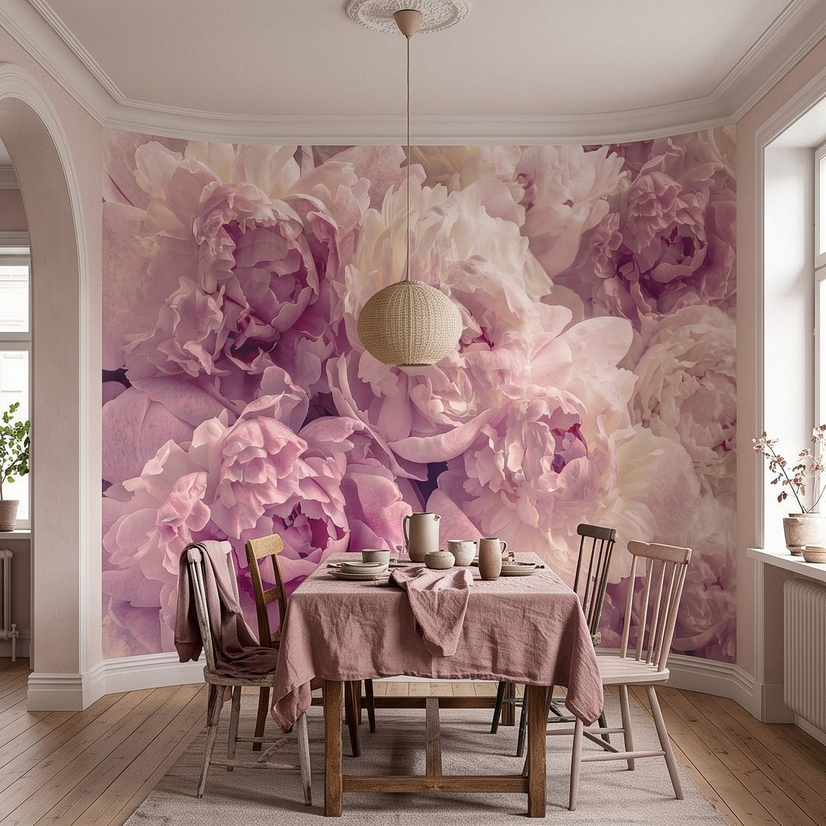 Peonies floral wall mural with dusty rose and blush pink blooms across the wall