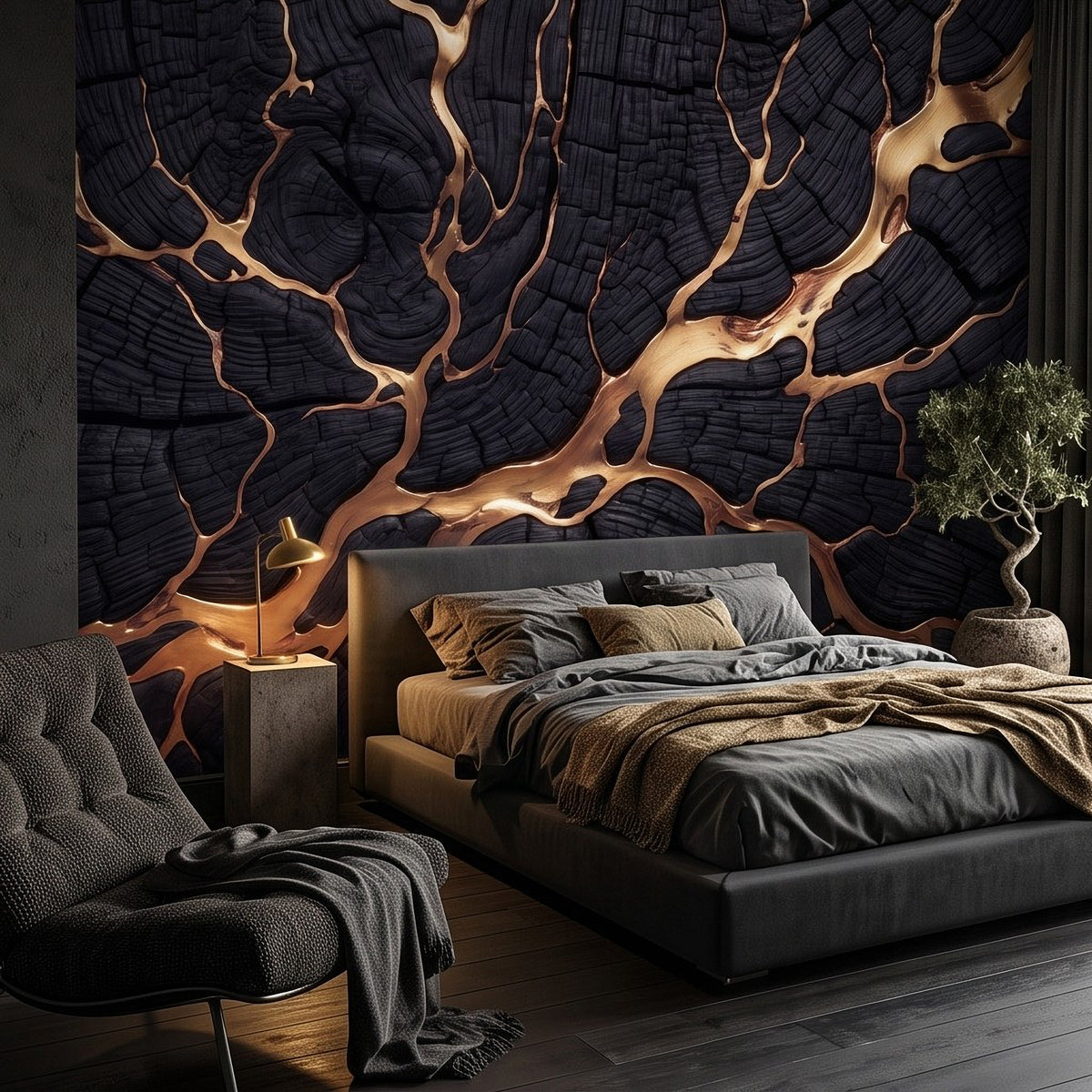 Black charred wood wall mural with gold kintsugi vein cracks behind bed