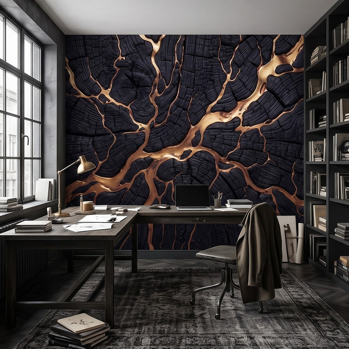 Black burned-wood wall mural featuring kintsugi-style gold lines across cracked texture