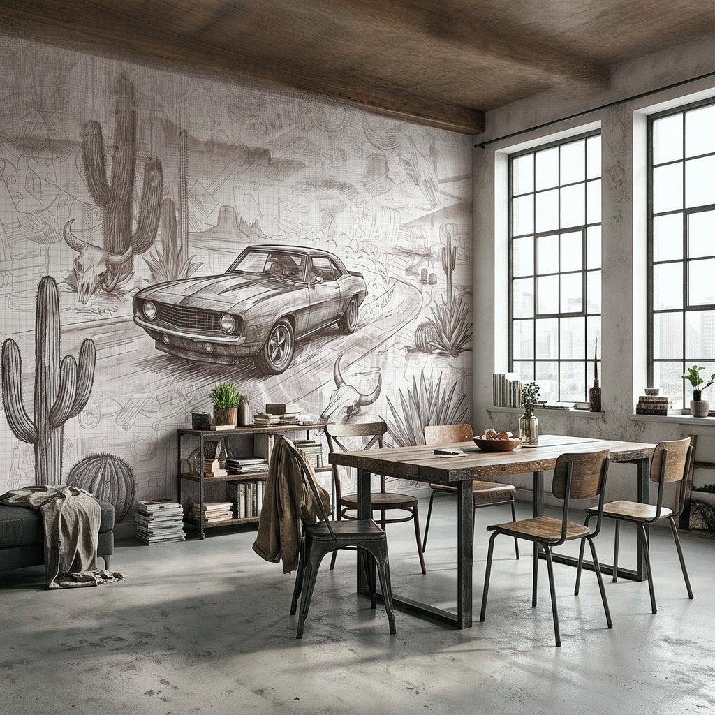 Wall mural with vintage muscle car sketch over desert cacti and winding desert road