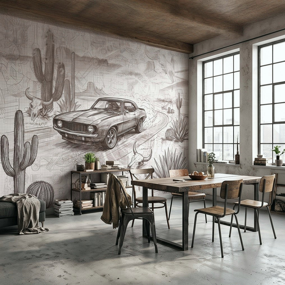 Wall mural with vintage muscle car sketch over desert cacti and winding desert road