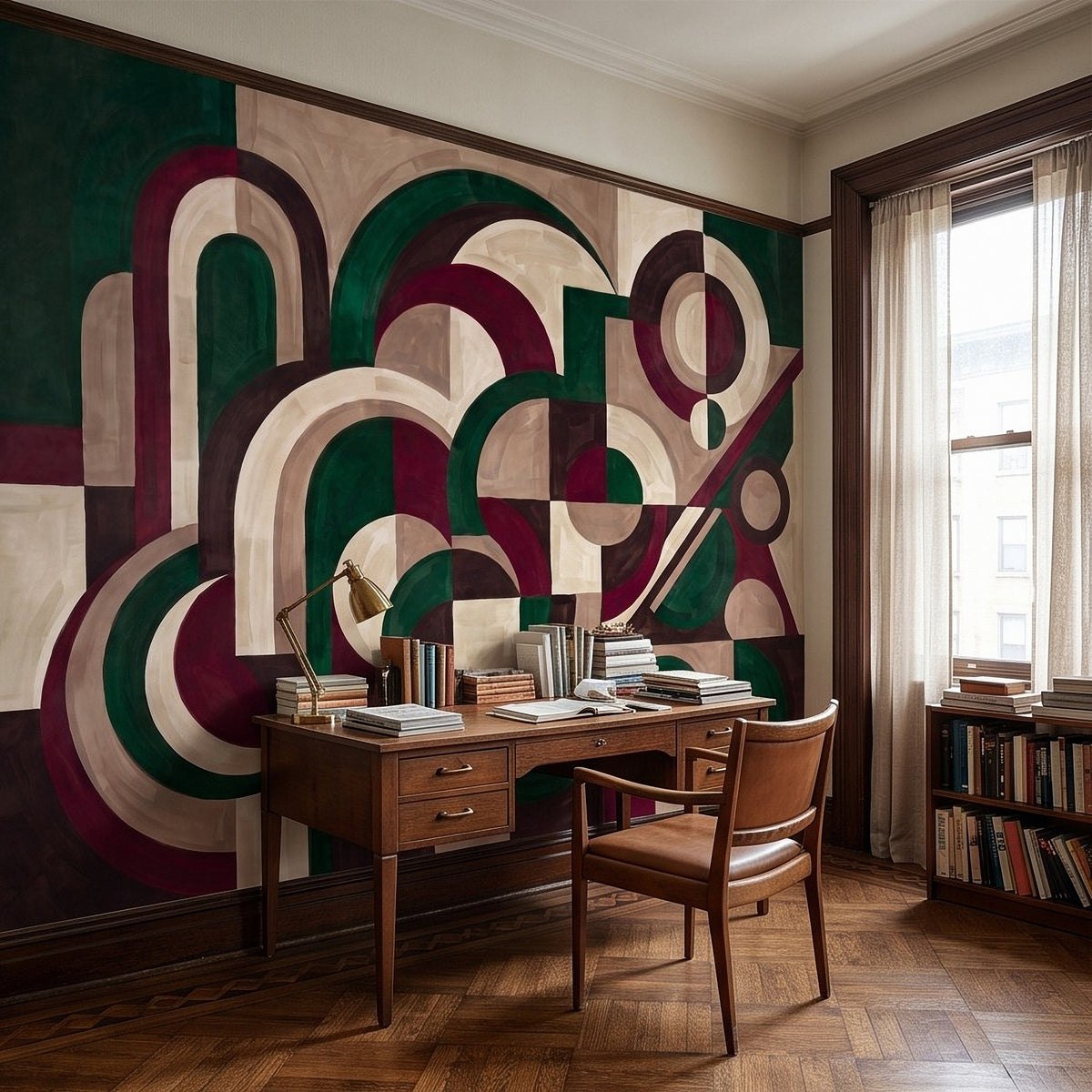Wide abstract arches and circles wall mural in burgundy, emerald green, and cream tones
