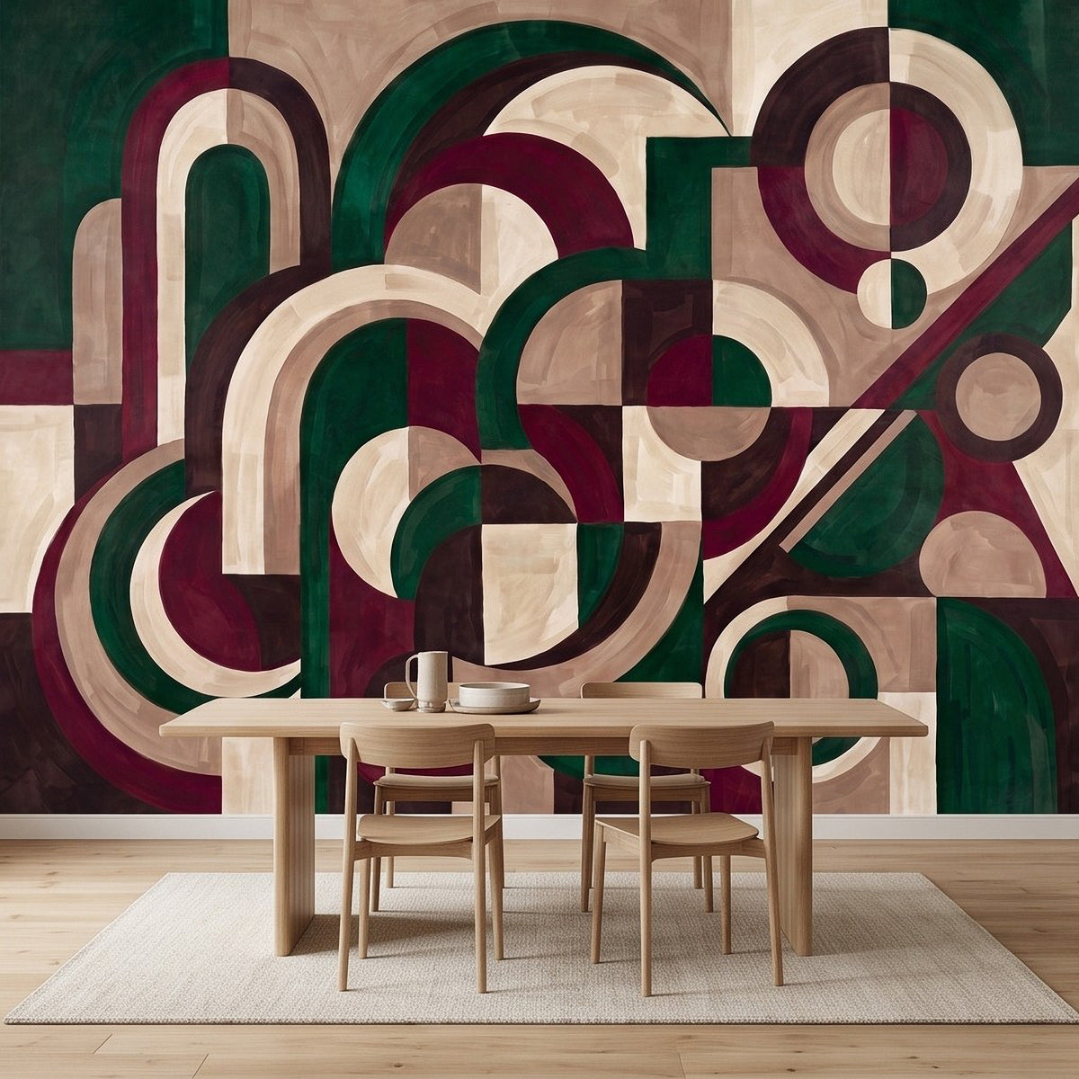 Interlocking arches and circle geometric wall mural in burgundy, emerald green, and cream