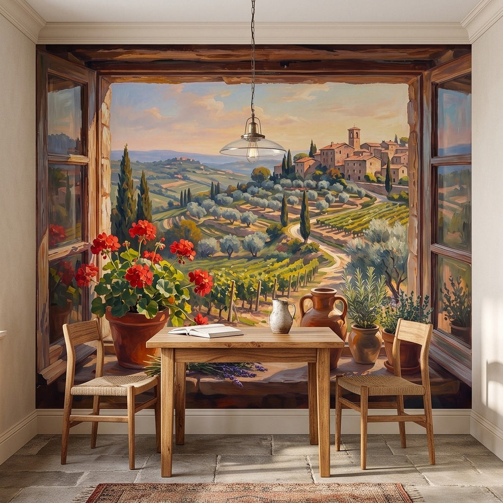 Window-view Italian countryside wall mural painting with vineyard rows and village