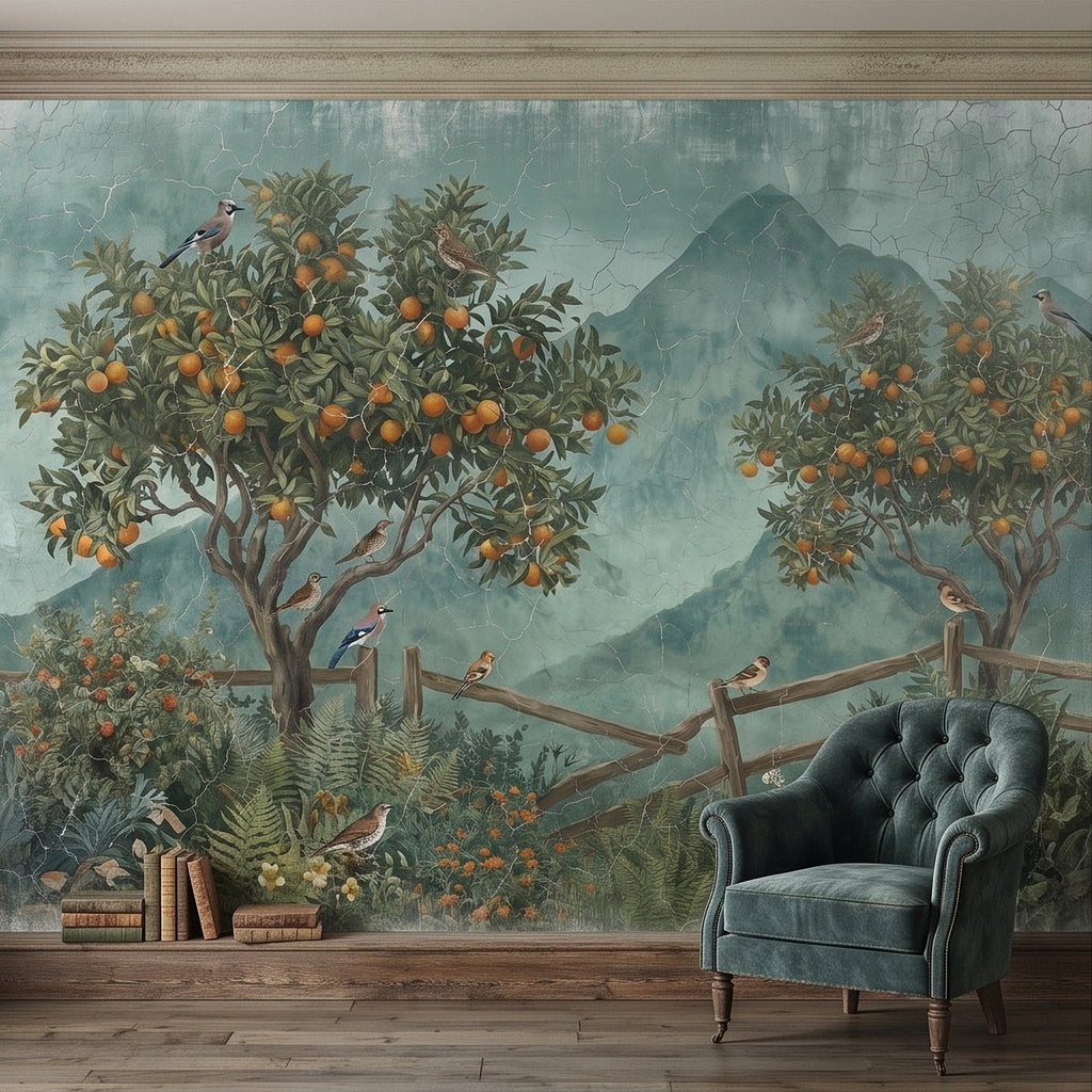 Botanical wall mural with orange orchard trees, birds on branches, and distant mountain backdrop