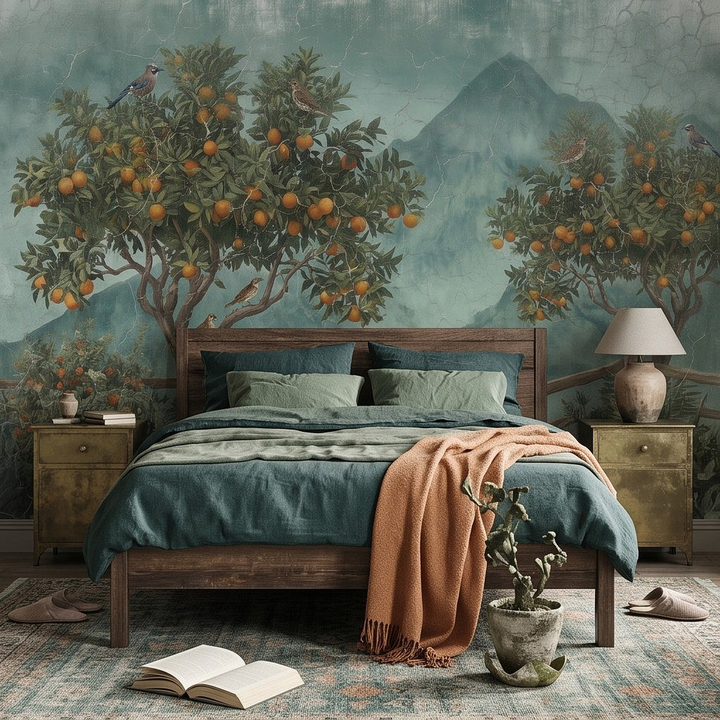 Botanical wall mural showing orange groves, birds, branch fence, and mountain scenery