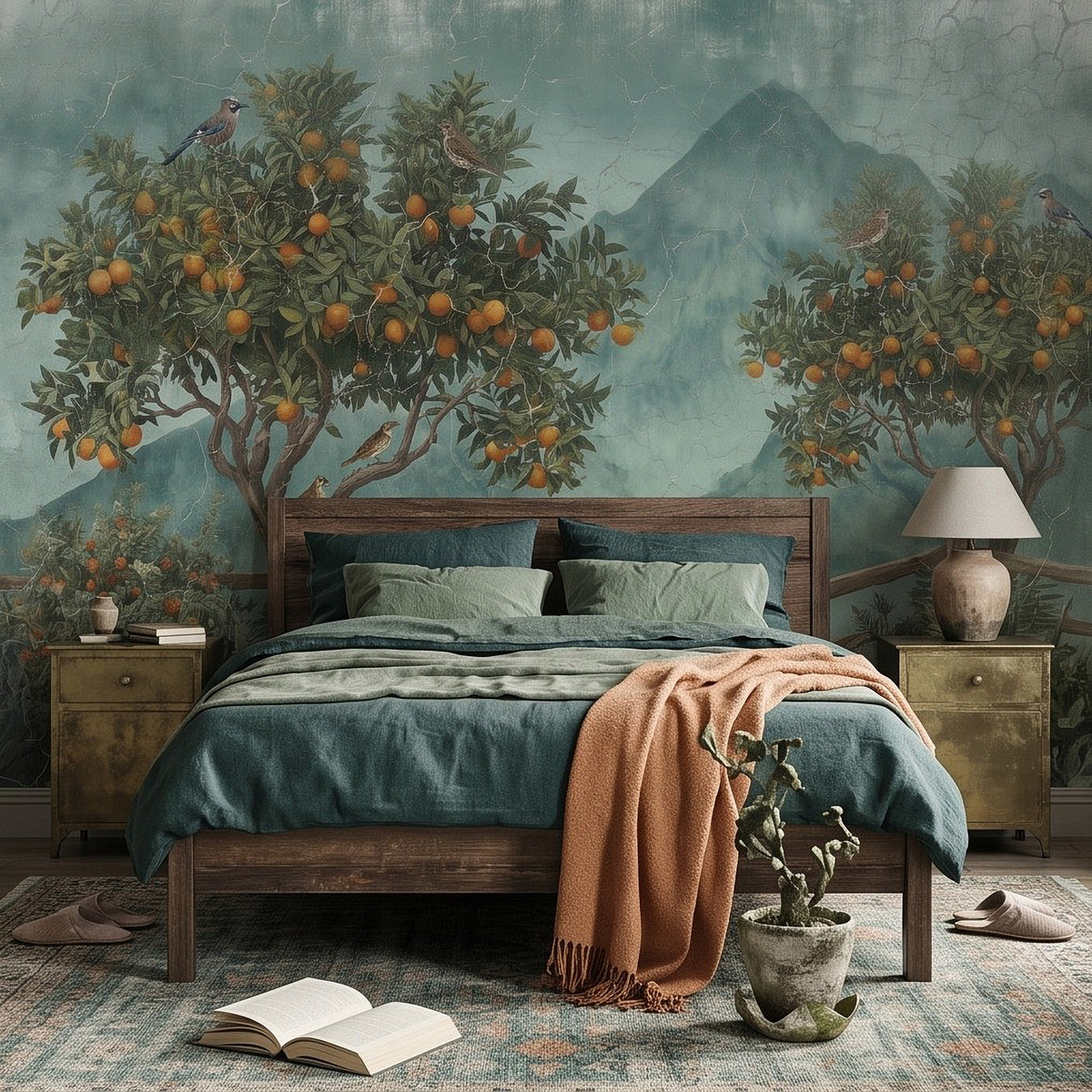 Botanical wall mural showing orange groves, birds, branch fence, and mountain scenery