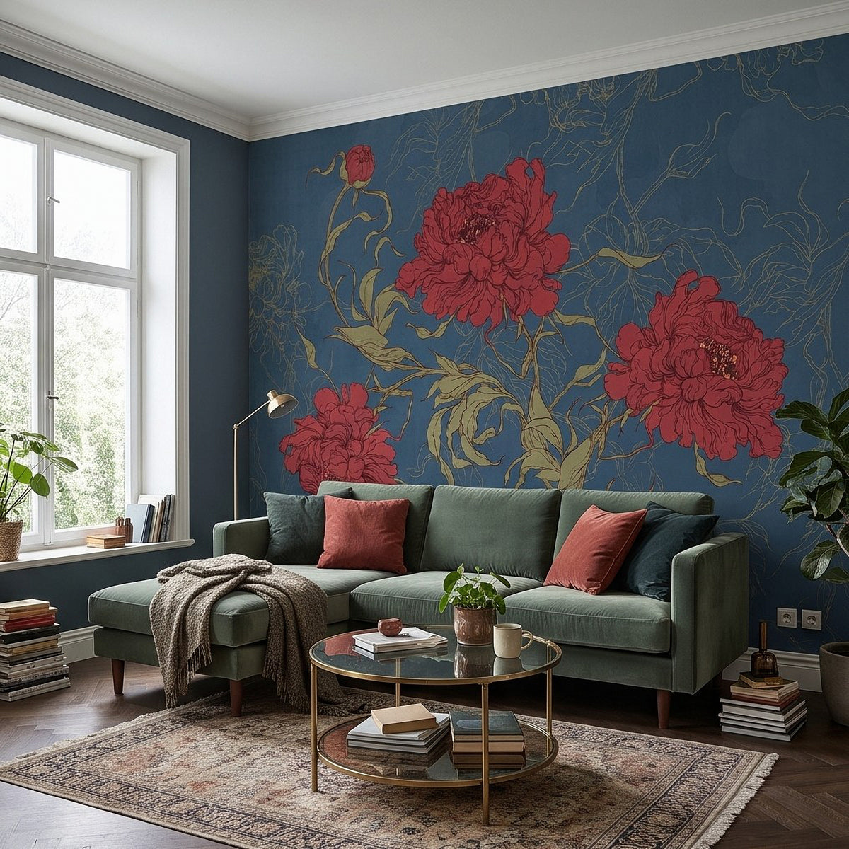 Deep blue floral wall mural with red peony blooms and gold vine botanical pattern.