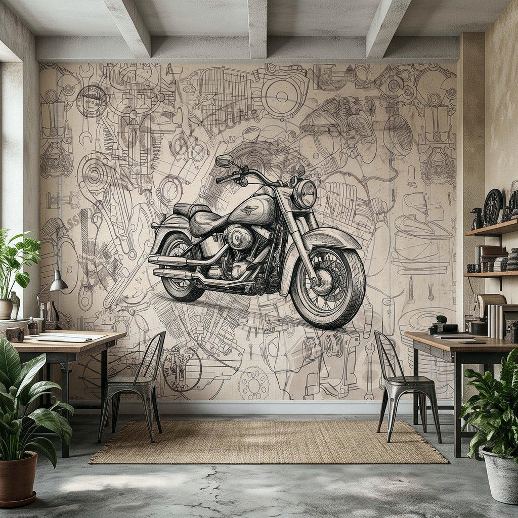 Vintage motorcycle sketch wall mural with blueprint-style line drawings and engine details