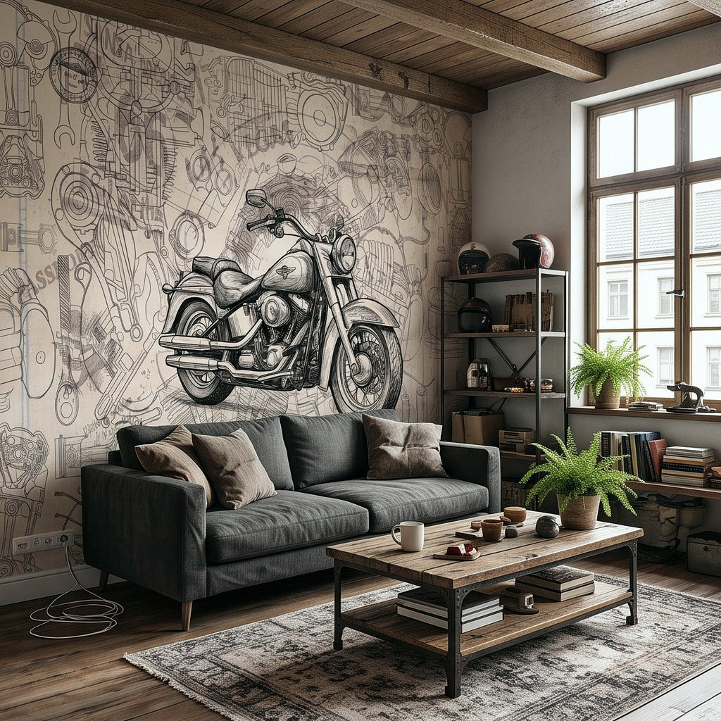 Motorcycle blueprint wall mural featuring a full cruiser bike in gray line art