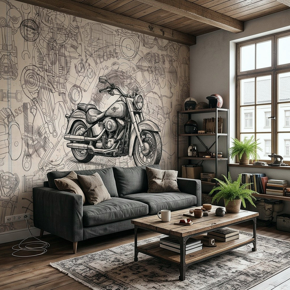 Motorcycle blueprint wall mural featuring a full cruiser bike in gray line art