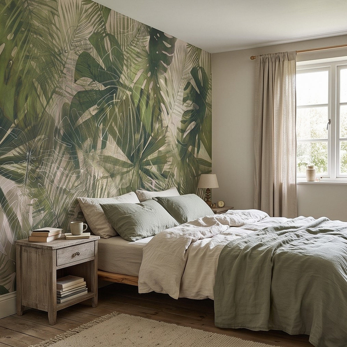 Tropical botanical wall mural featuring layered palm leaves in sage and olive greens