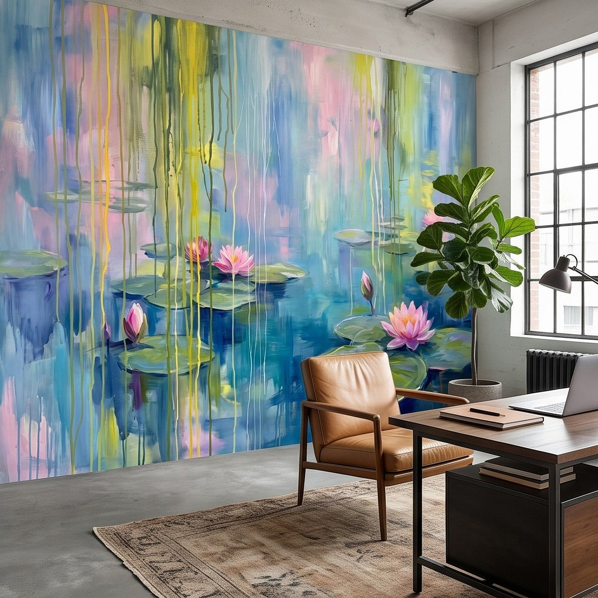 Water lily pond wall mural with pink lotus blooms and blue-green lily pads