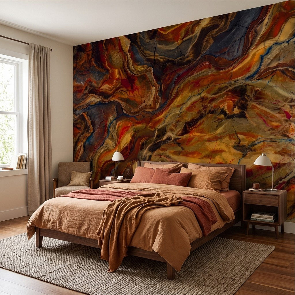 Abstract marbled wall mural with flowing marbled streaks in warm amber, rust, and dark blue.