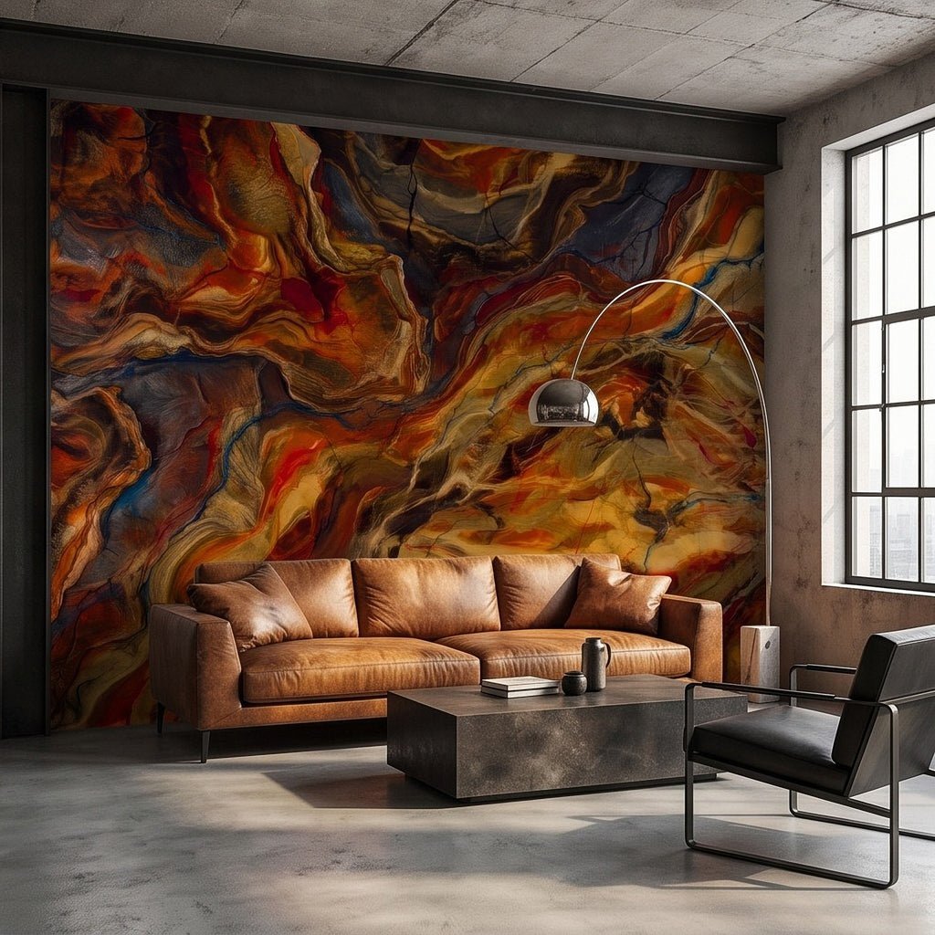 Dramatic abstract marbled wall mural with flowing amber, red, and dark blue layers.