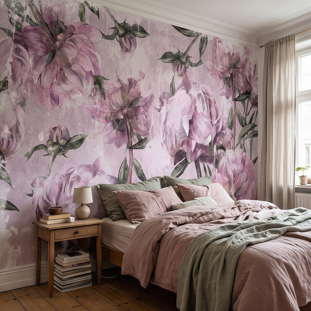 Peony floral wall mural in soft lavender with green foliage on light background, vintage distressed look