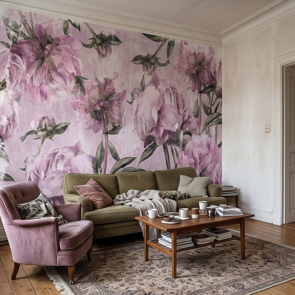 Lavender peony floral wall mural with green stems and leaves, filling the accent wall