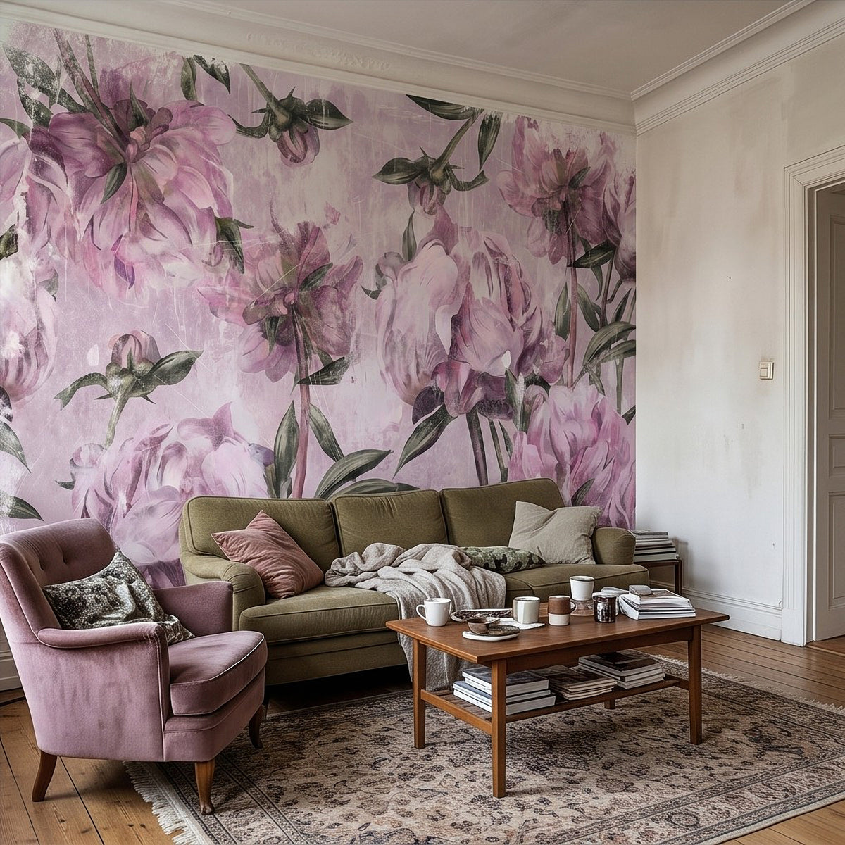 Lavender peony floral wall mural with green stems and leaves, filling the accent wall