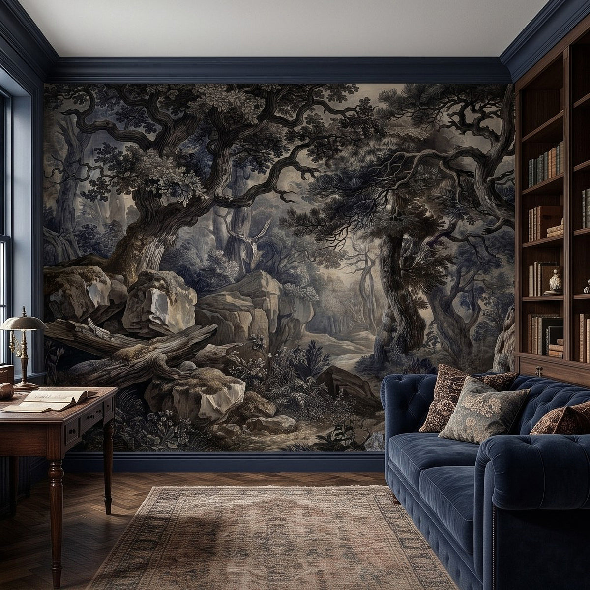 Woodland wall mural with dark twisted trees over rocky stones, vintage engraving style