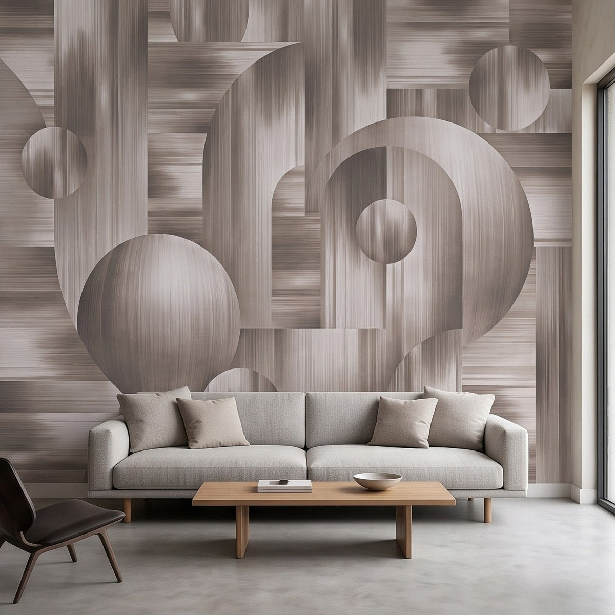 Textured geometric wall mural with layered curved circles and rounded forms in neutral grays