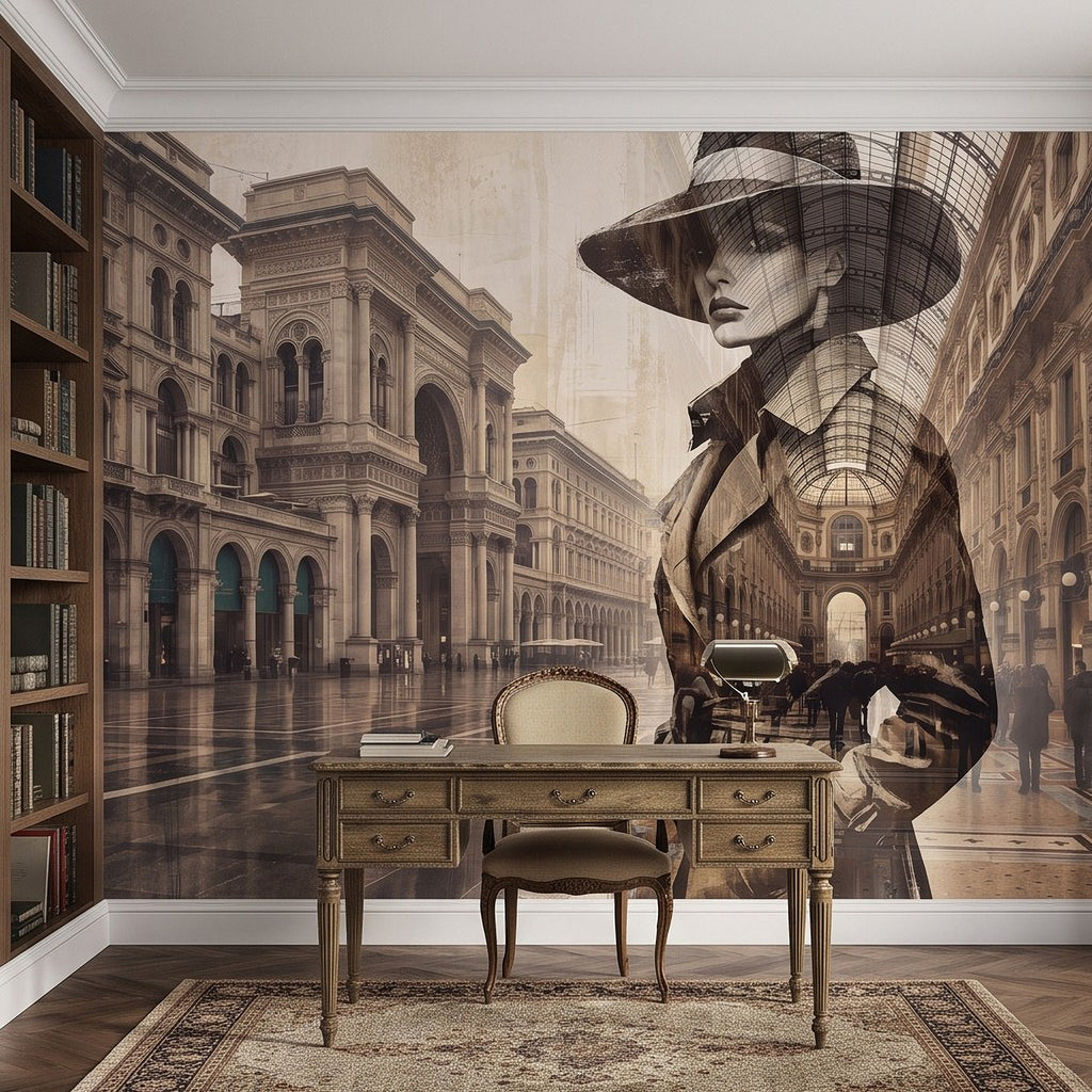 City wall mural: woman in wide hat over classical boulevard with arches