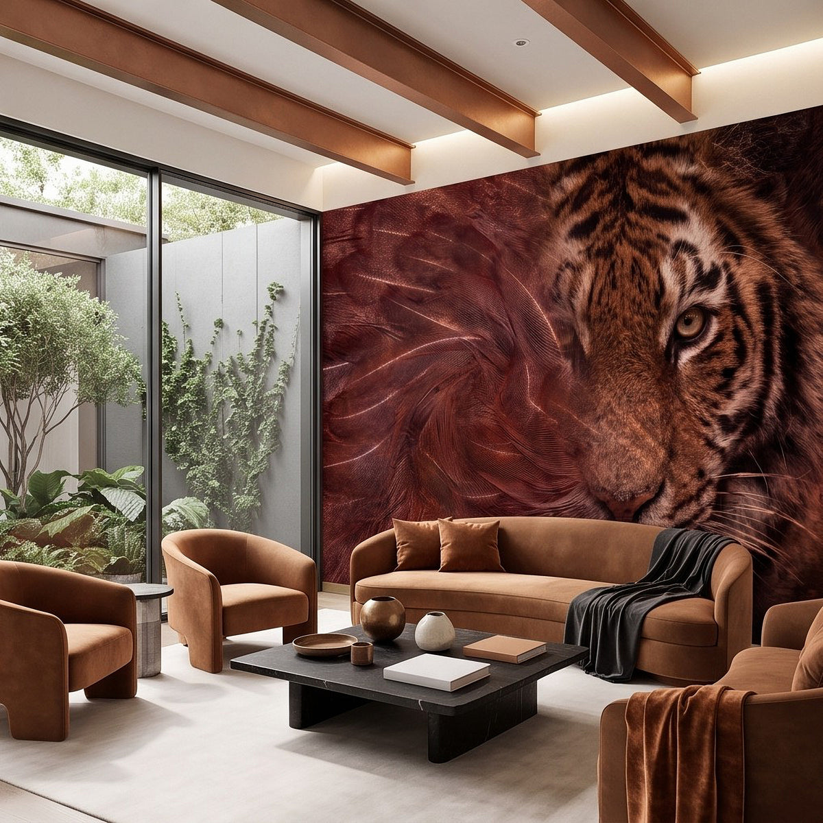 Large tiger face mural with feather swirl texture spanning the living room wall