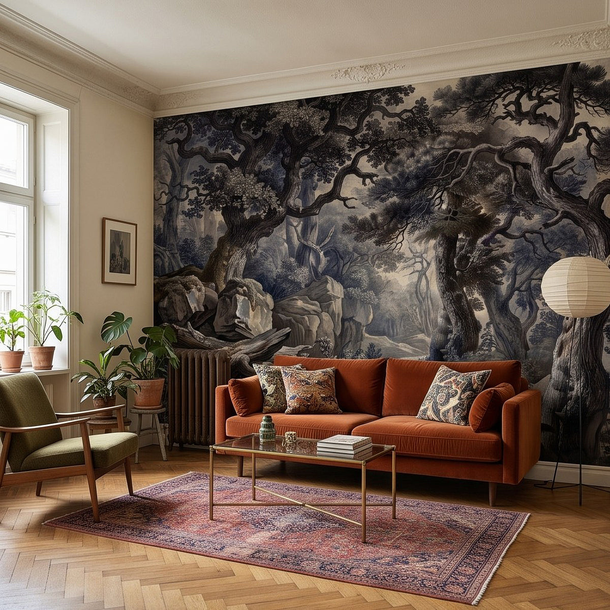 Vintage woodland wall mural with gnarled trees, rocks, and blue-gray mist clouds