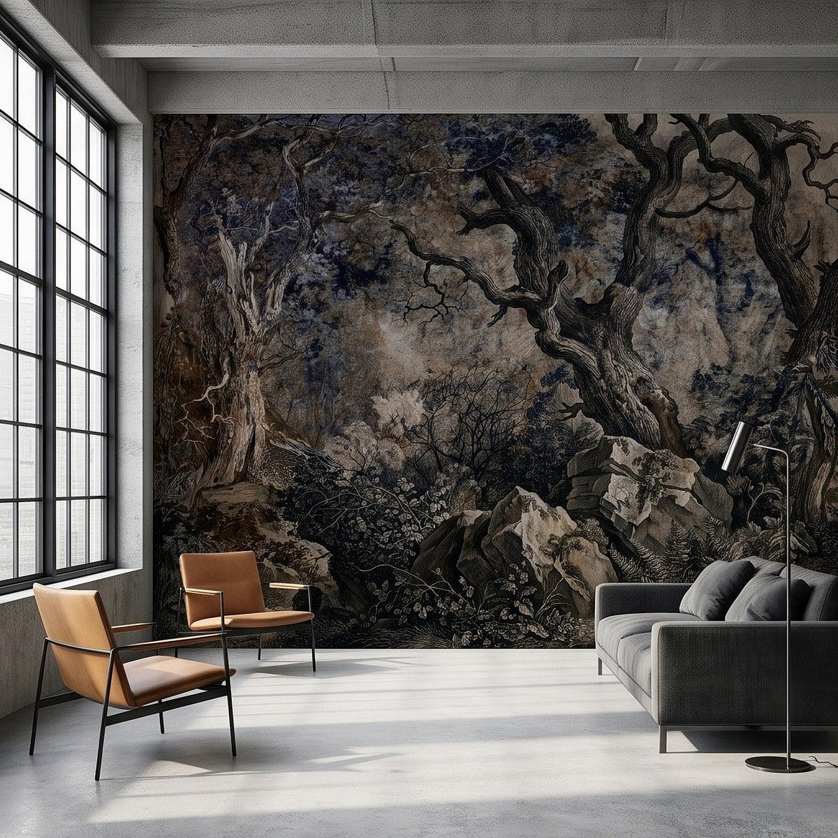 Moody wall mural of gnarled trees and rocky woodland, rendered as dark vintage engraving.