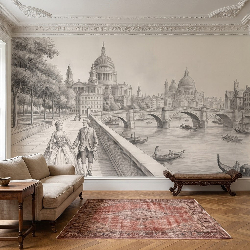 Wall mural with monochrome London skyline, domes, arched bridge, boats, and figures