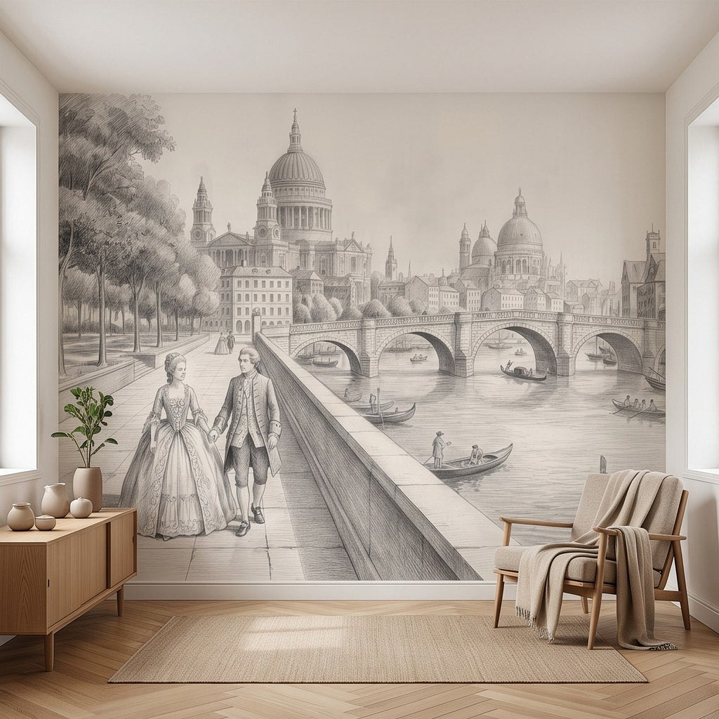 Monochrome European city wall mural with cathedral domes and gondolas on river