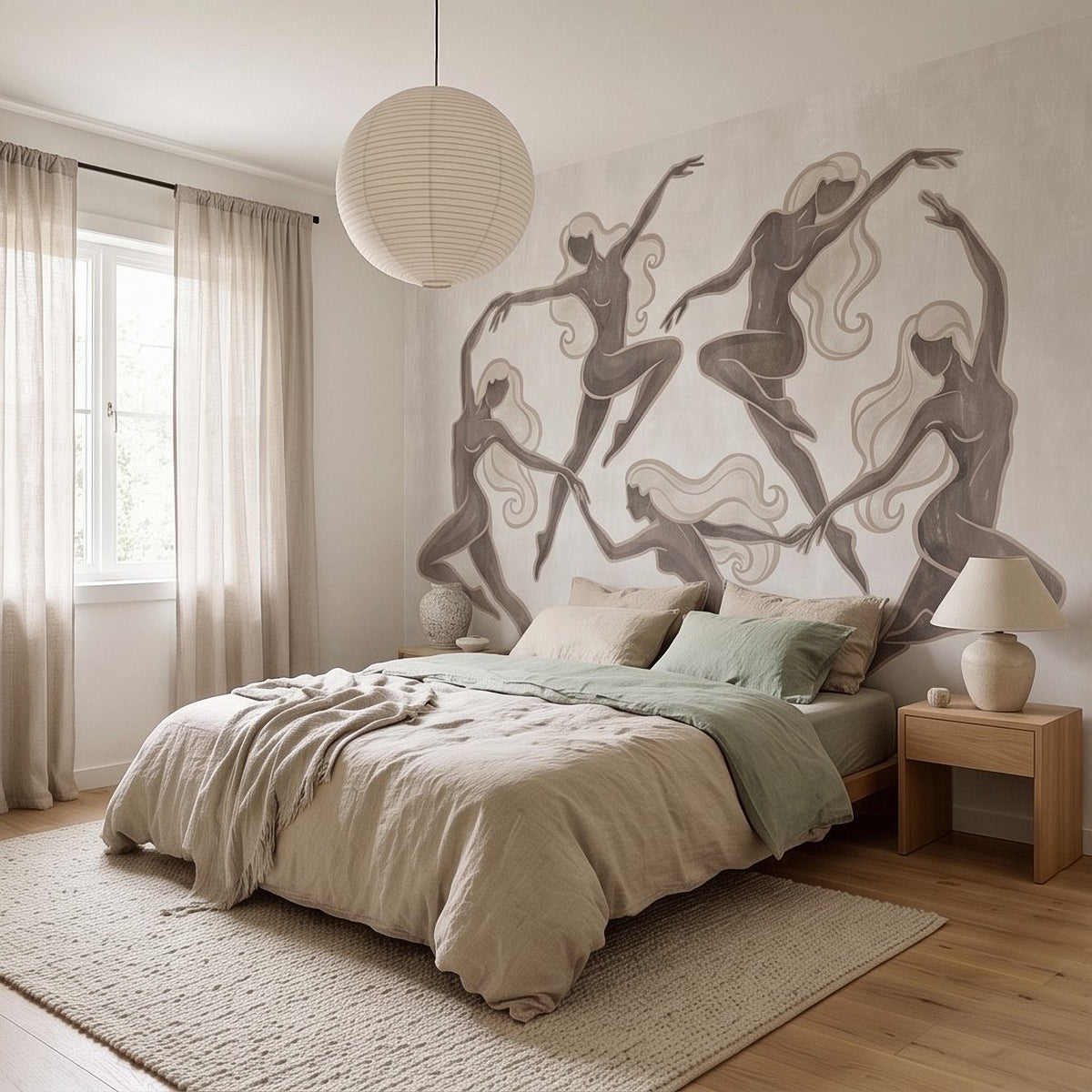 Art deco wall mural of multiple female dancer silhouettes with flowing hair, graceful mid-motion