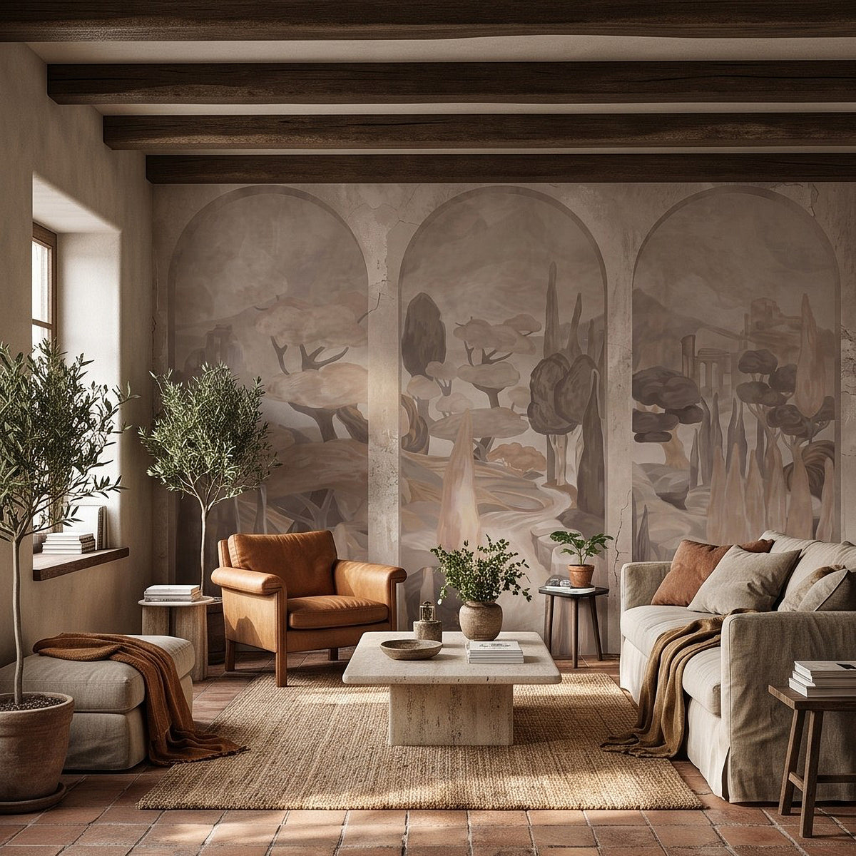 Fresco-style wall mural with arched openings, cypress trees, and desert plants in neutrals