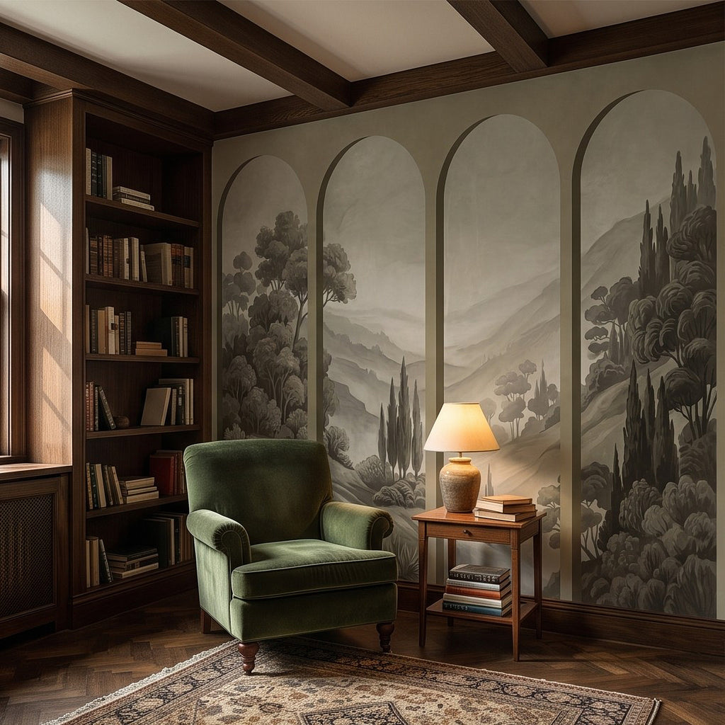 Arched countryside landscape wall mural in a study corner with armchair and bookshelf