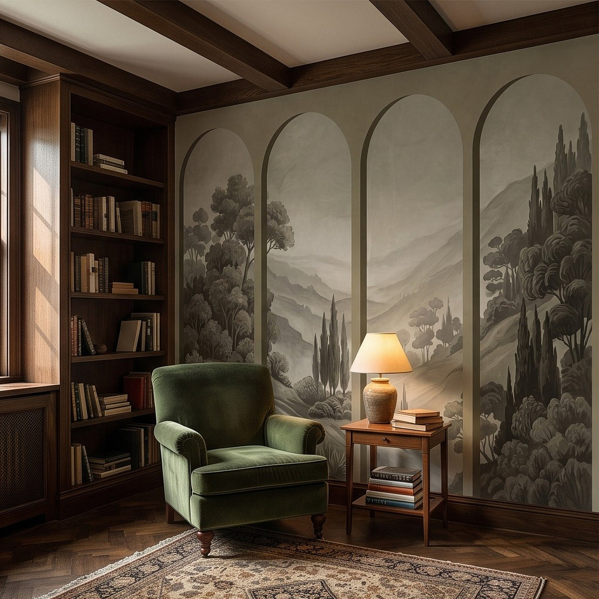 Arched countryside landscape wall mural in a study corner with armchair and bookshelf