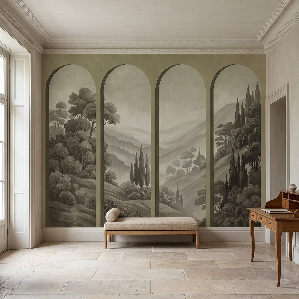 Arched vintage landscape wall mural in a bright room with bench and side table