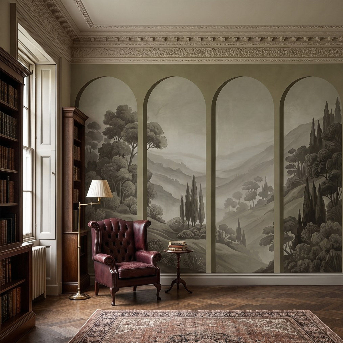 Scenic wall mural with tall arched panels over a gray landscape with cypress trees and hills
