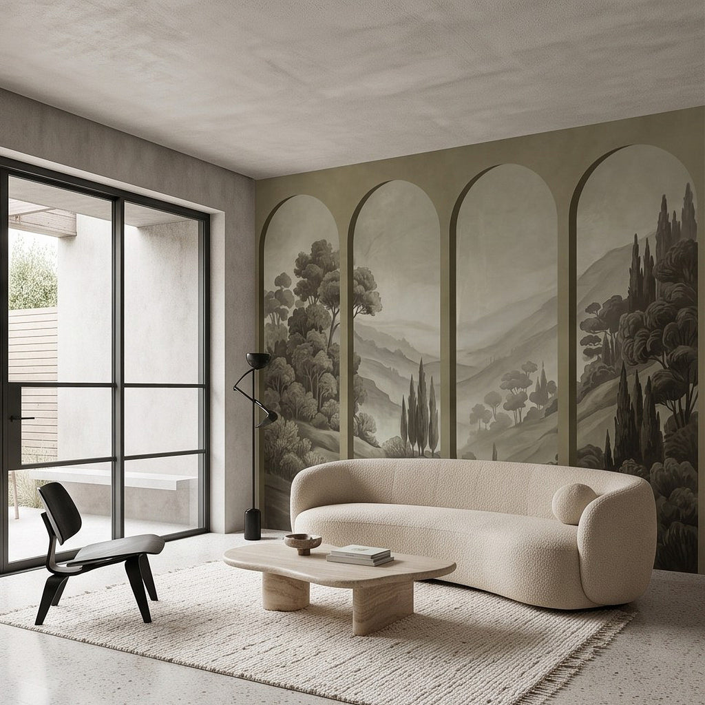 Arched landscape wall mural in a living room with sofa and window