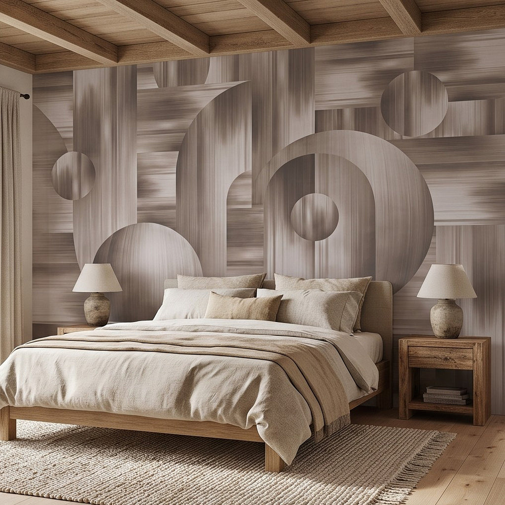 Mid-century style 3D circle illusion wall mural with large curved ring shapes