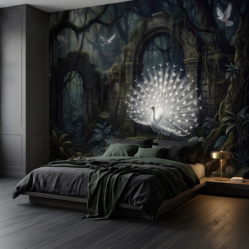 Dark fantasy jungle wall mural with glowing peacock fan, stone arch, and white birds