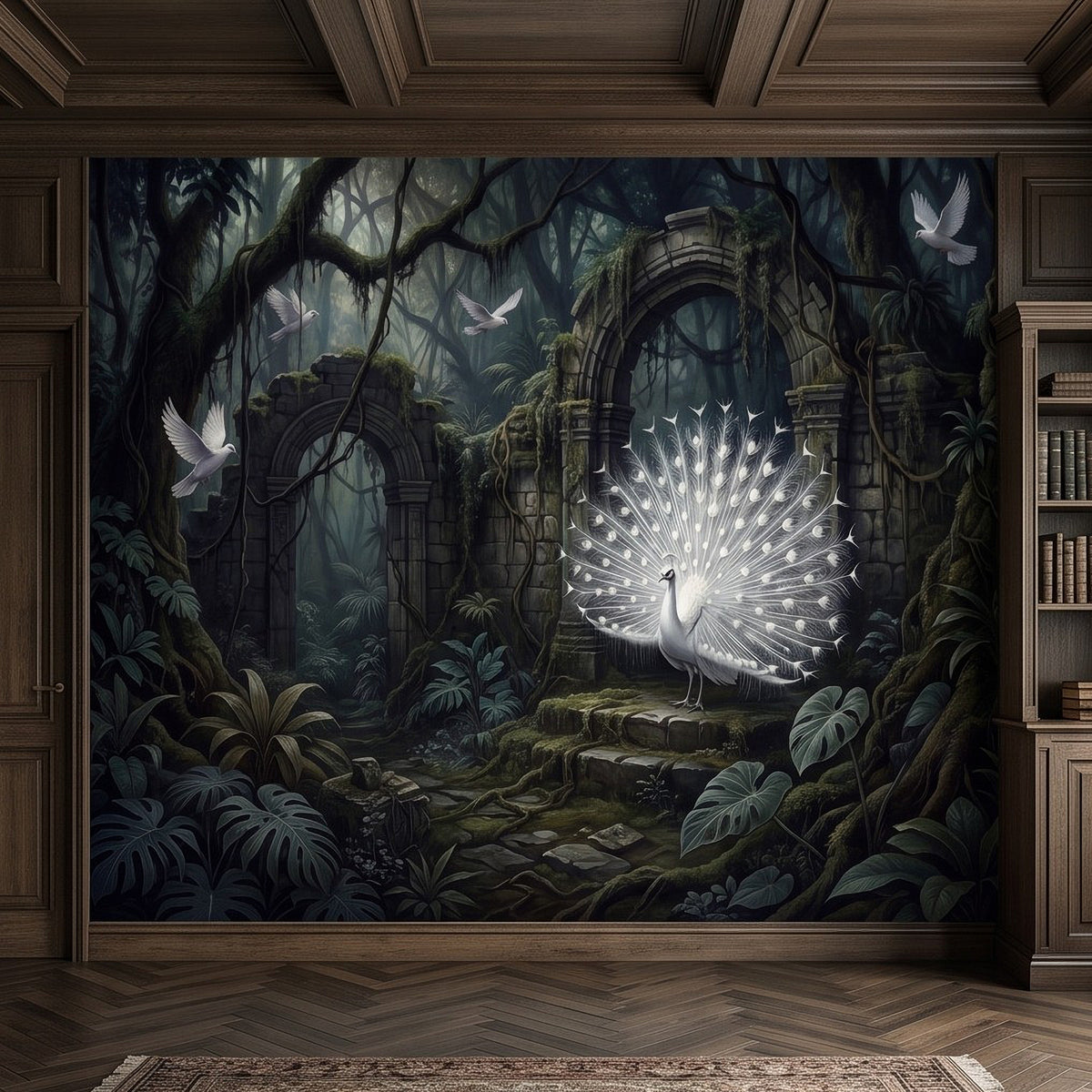 Jungle ruins wall mural with glowing peacock fan centered among dark arches and plants