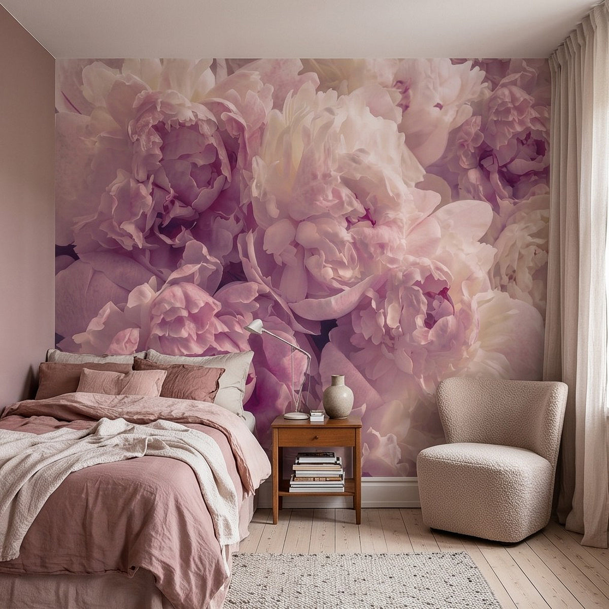 Soft pastel peonies wall mural in dusty rose, blush pink, and cream tones