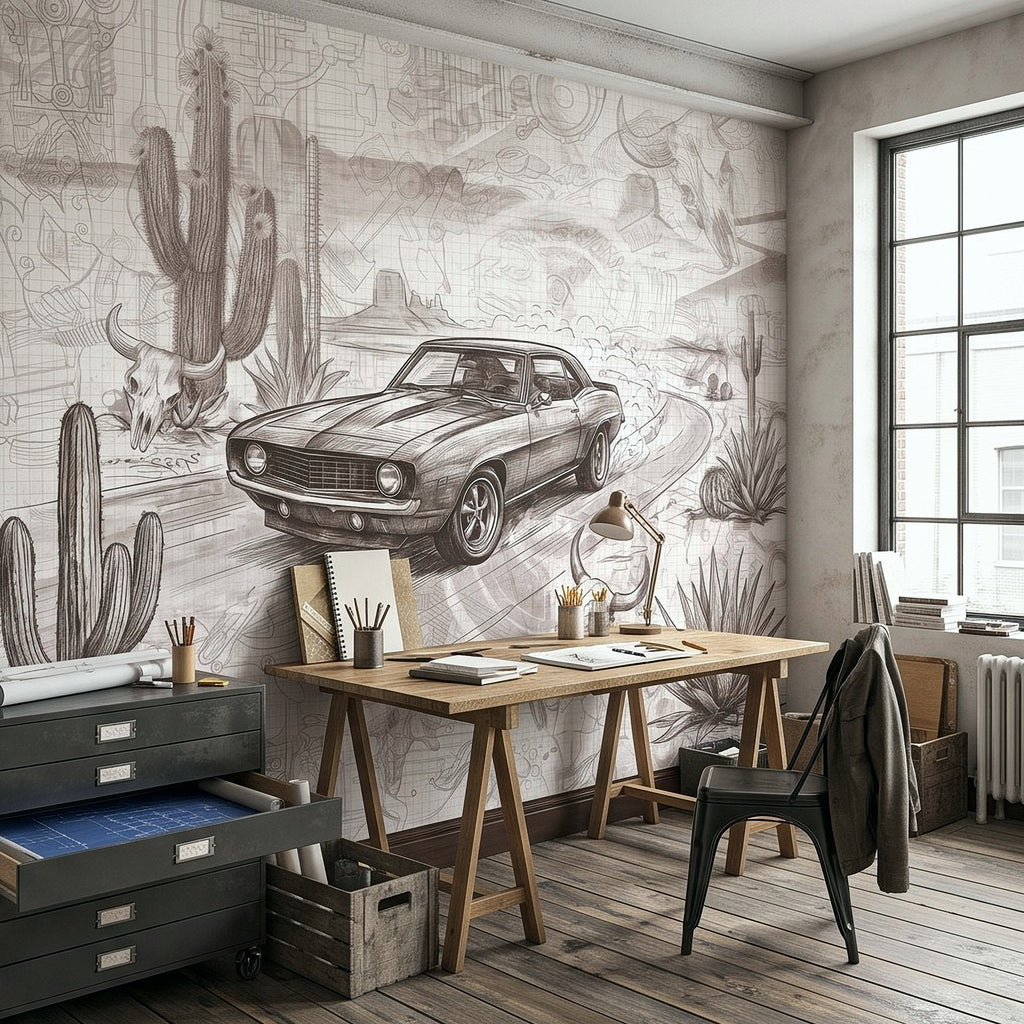 Muscle car desert wall mural in monochrome sketch style with cacti and desert plants