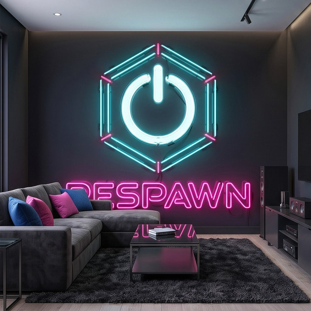 Neon gaming wall mural with glowing hexagon power icon and 'RESPAWN' text